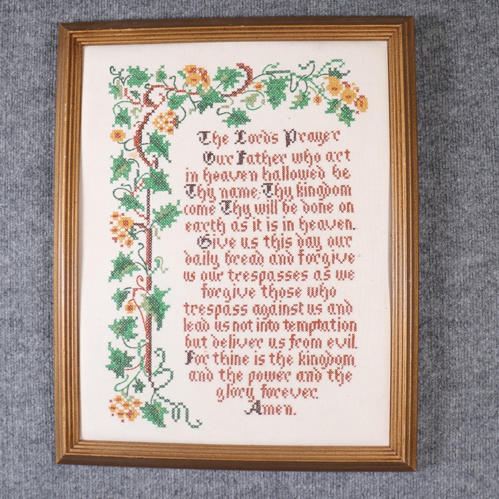 Grandmacore The Lord's Prayer Needlepoint Cross Stitch Gold Framed Large Cottage